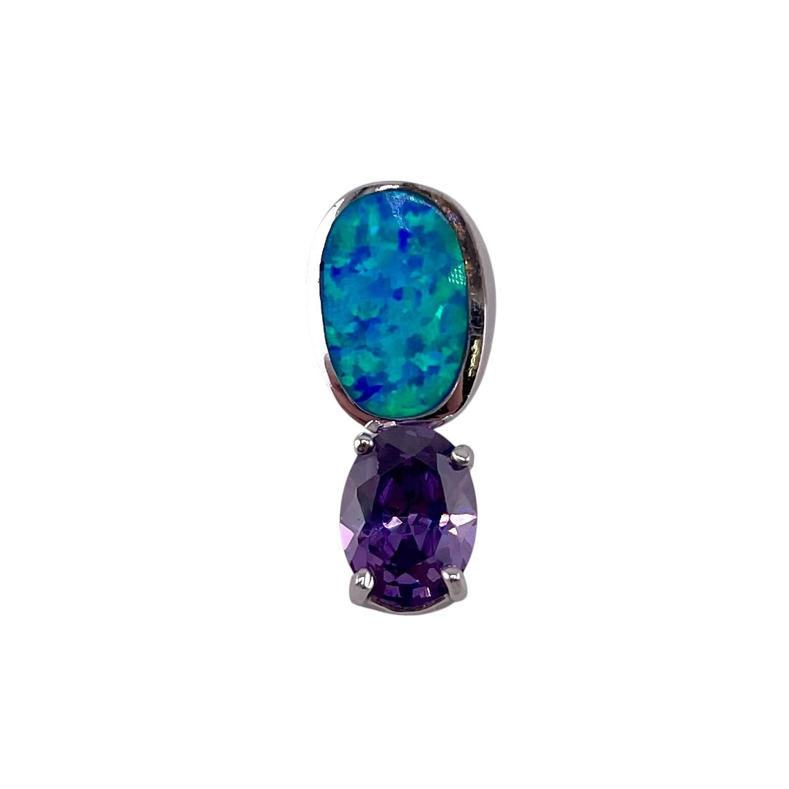 Blue Lab Opal Hidden Bail Stacked Oval Pendant Sterling Silver