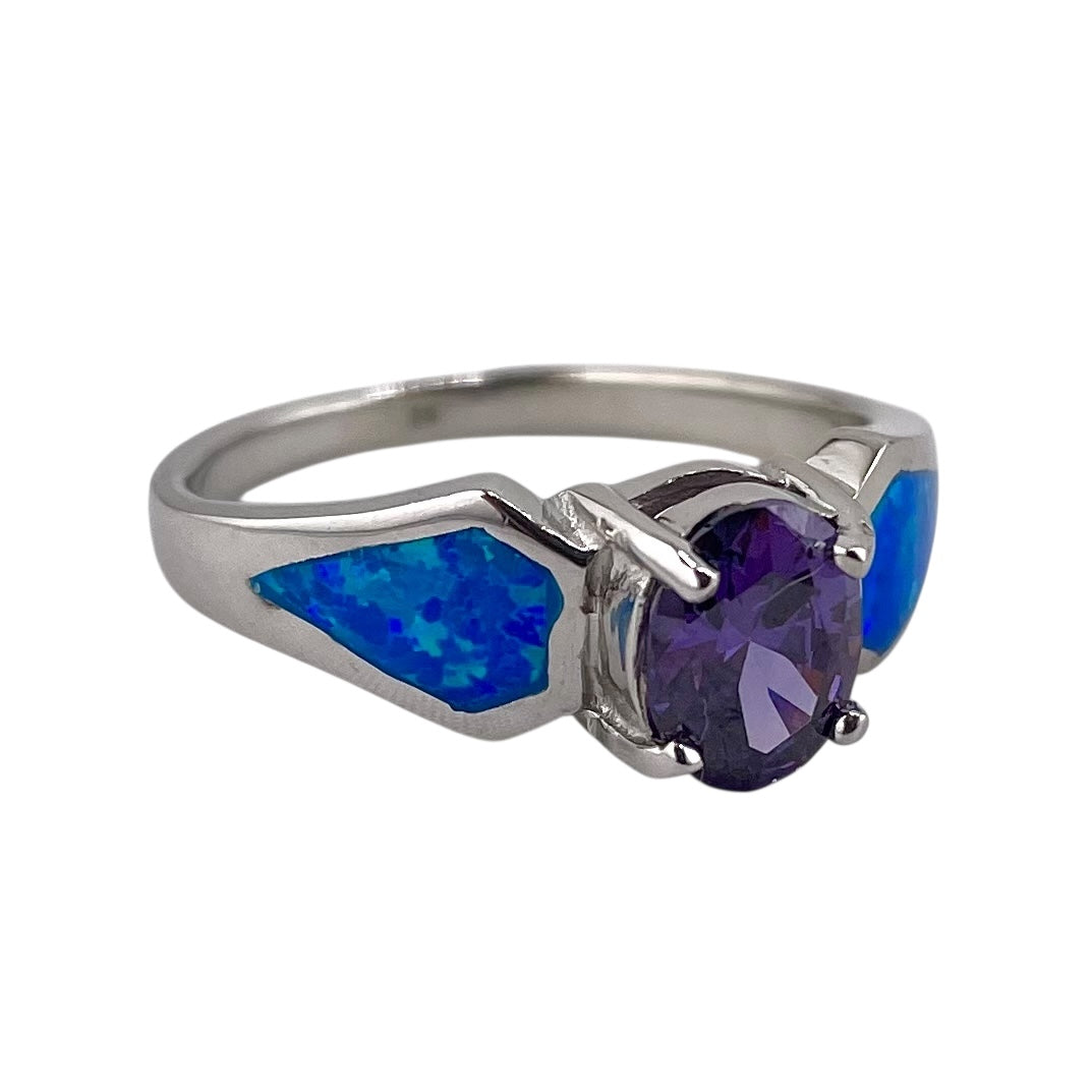 Blue Lab Opal Round Amethyst CZ Ring Sterling Silver