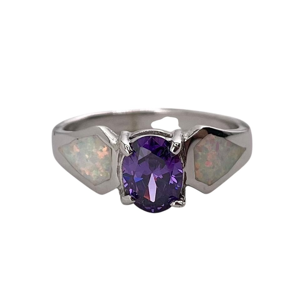 White Lab Opal Round Amethyst CZ Ring Sterling Silver