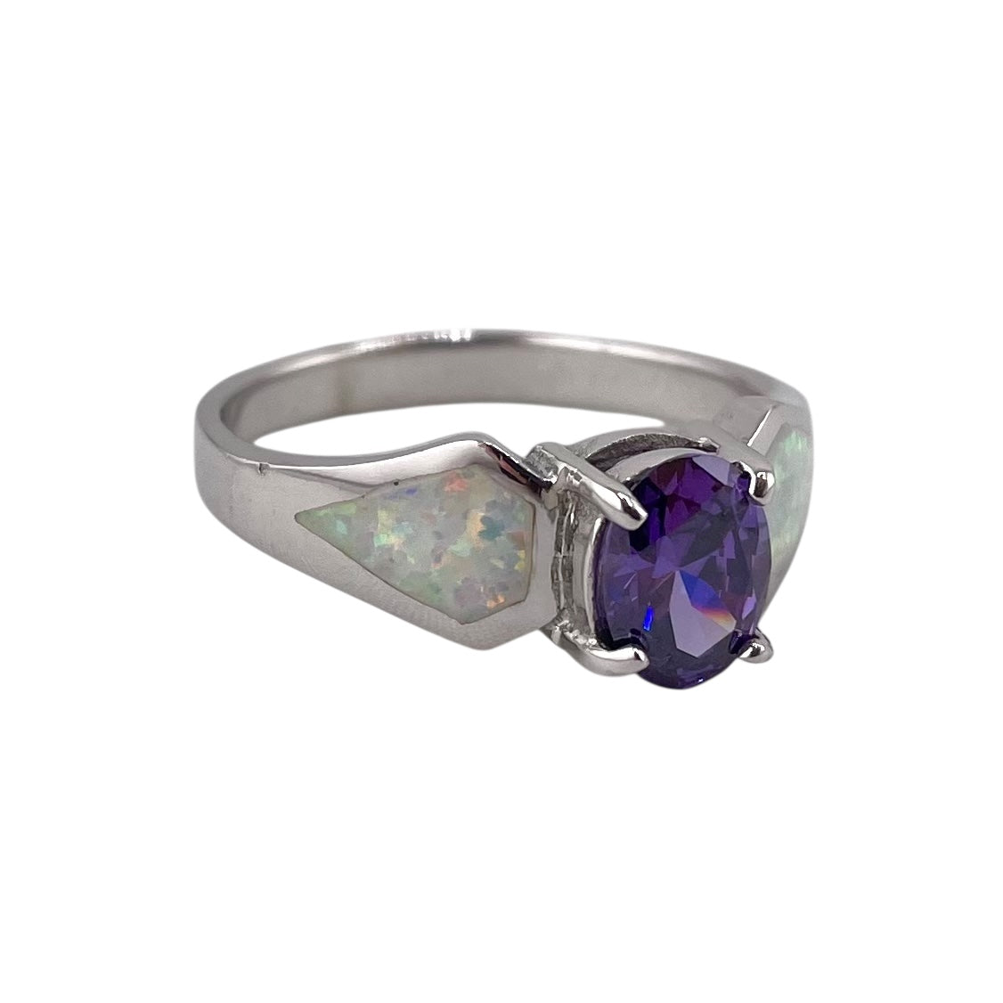 White Lab Opal Round Amethyst CZ Ring Sterling Silver