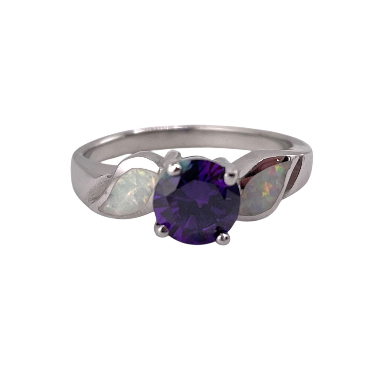 White Lab Opal Oval Amethyst CZ Ring Sterling Silver