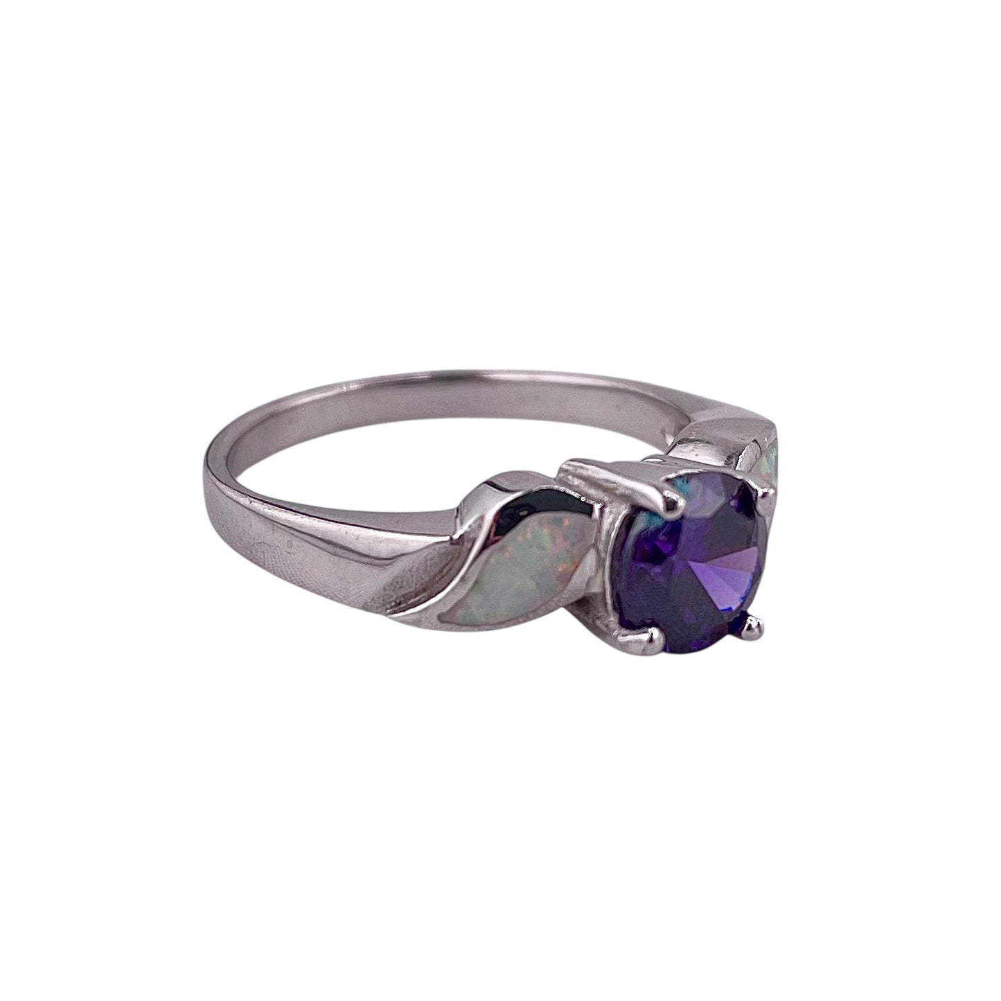 White Lab Opal Oval Amethyst CZ Ring Sterling Silver