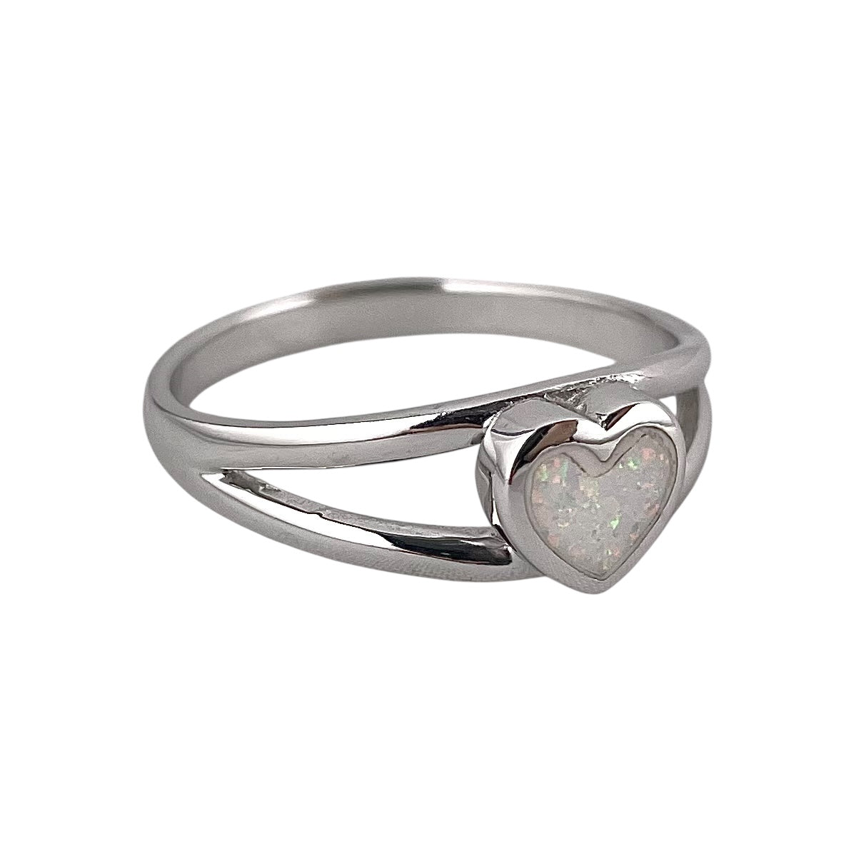 White Lab Opal Heart Ring Sterling Silver