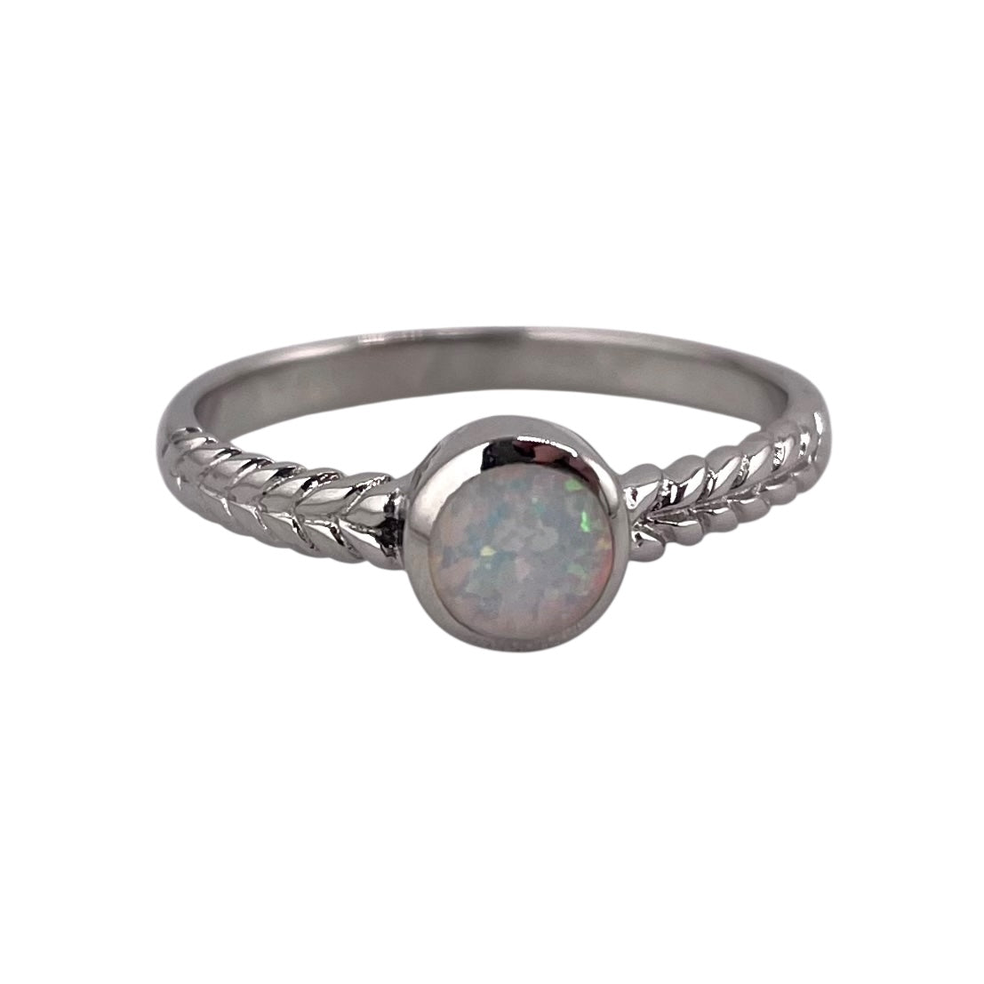 White Lab Opal Circle Round Ring Sterling Silver