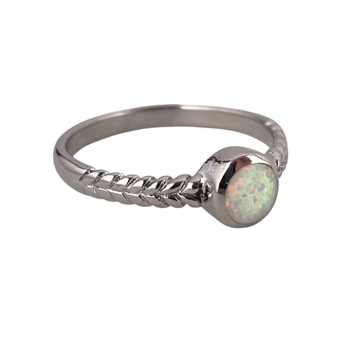 White Lab Opal Circle Round Ring Sterling Silver