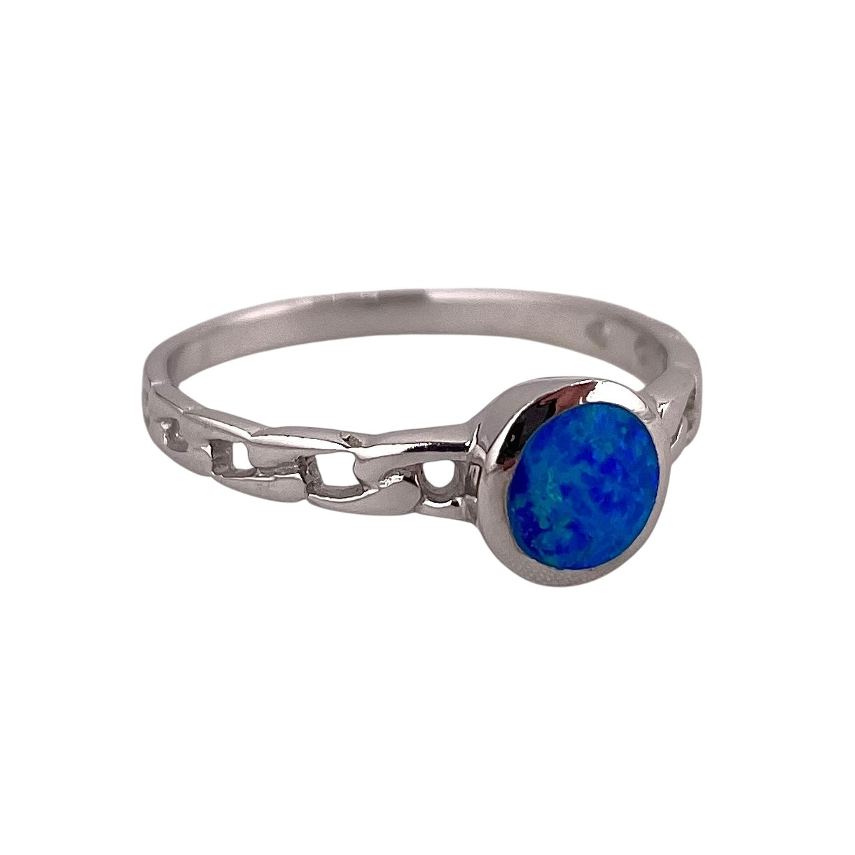 Blue Lab Opal Circle Round Link Ring Sterling Silver