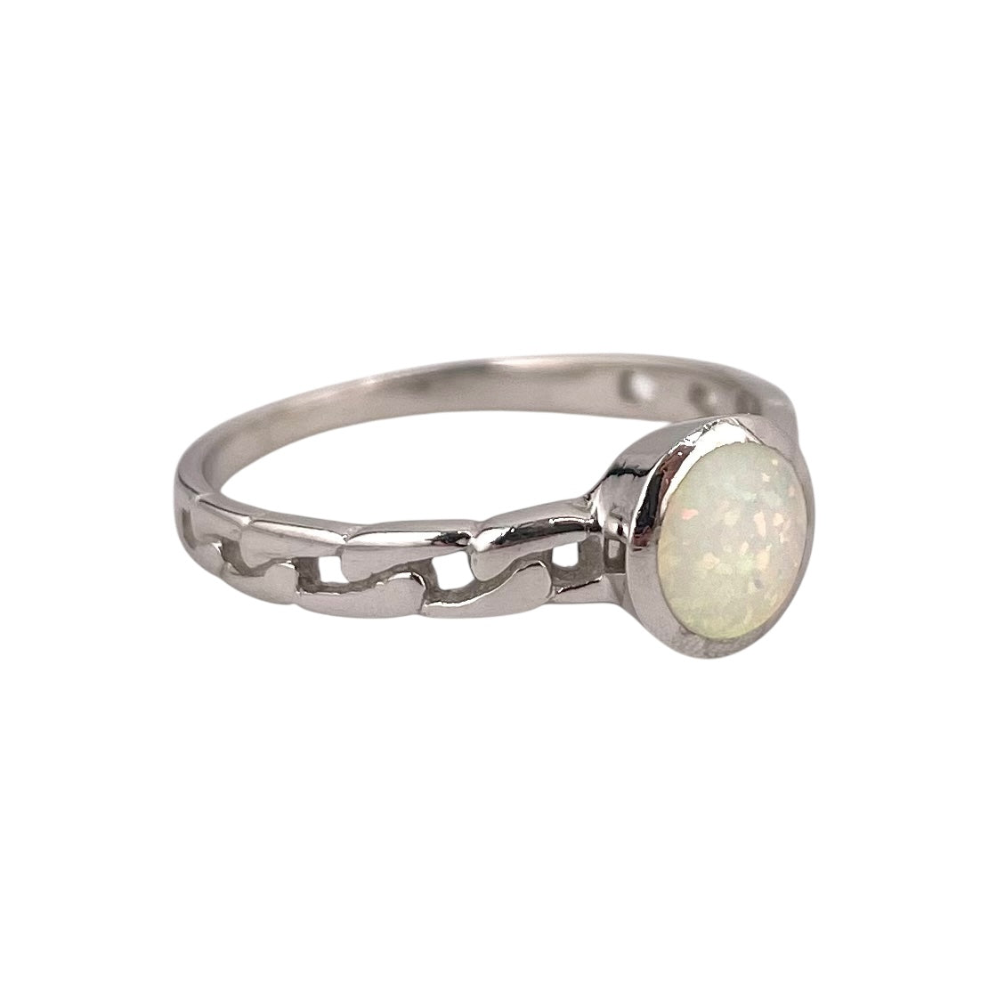 White Lab Opal Circle Round Link Ring Sterling Silver