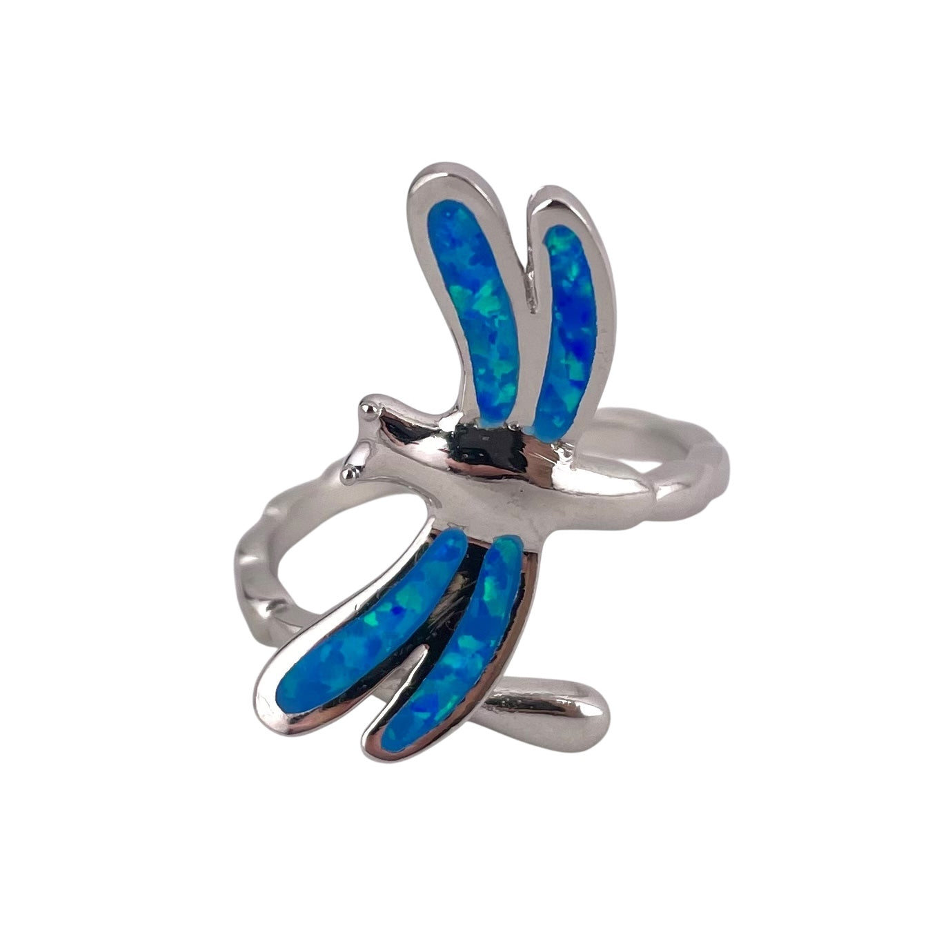 Blue Lab Opal Wrapped Dragonfly Ring Sterling Silver
