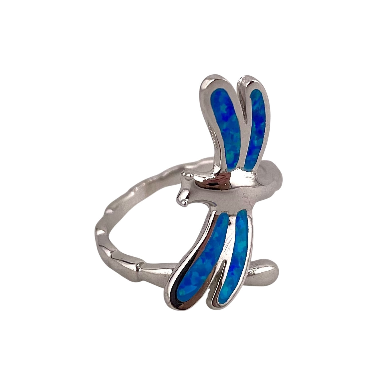 Blue Lab Opal Wrapped Dragonfly Ring Sterling Silver