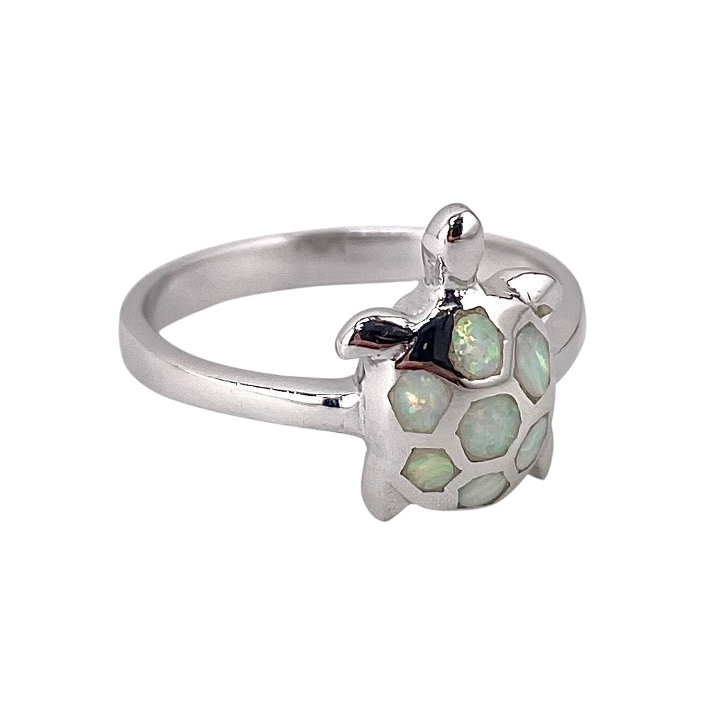 White Lab Opal Turtle Ring Sterling Silver