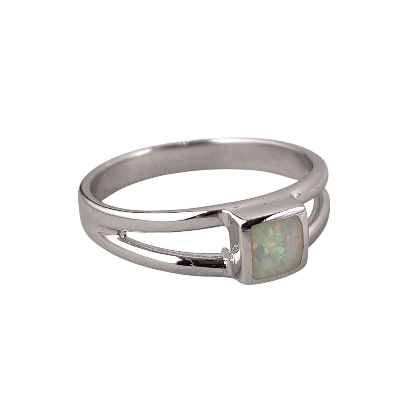 White Lab Opal Square Ring Sterling Silver