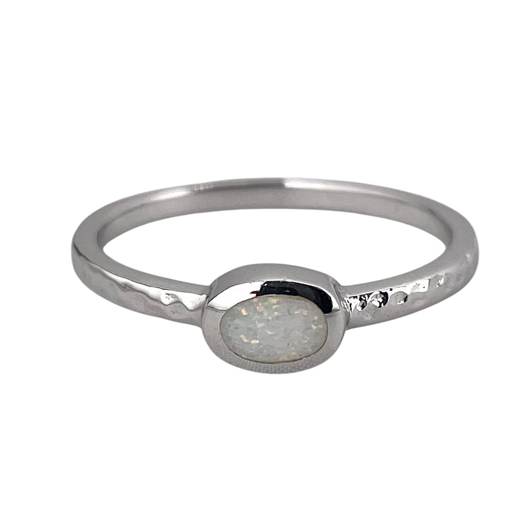 White Lab Opal Oval Ring Sterling Silver