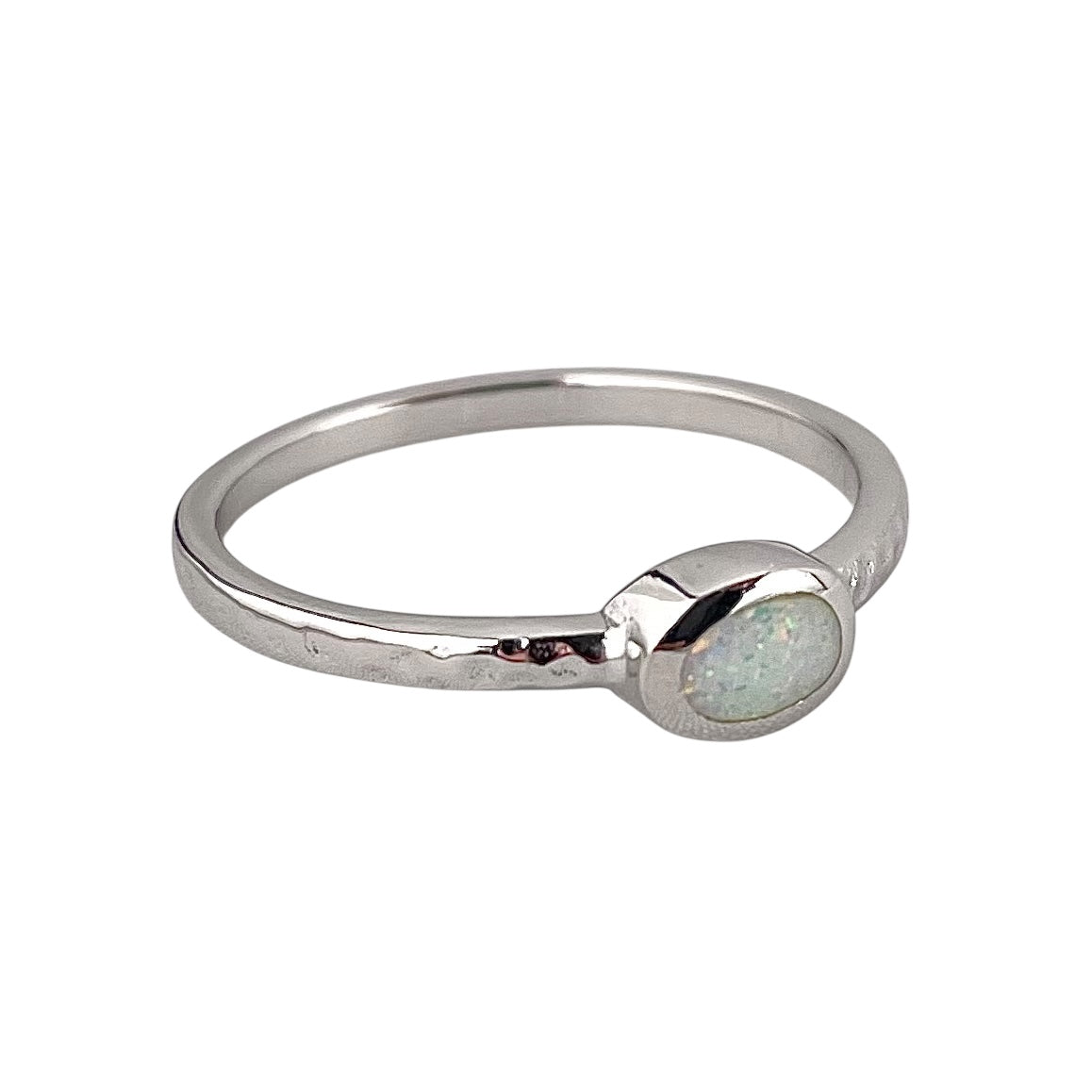 White Lab Opal Oval Ring Sterling Silver