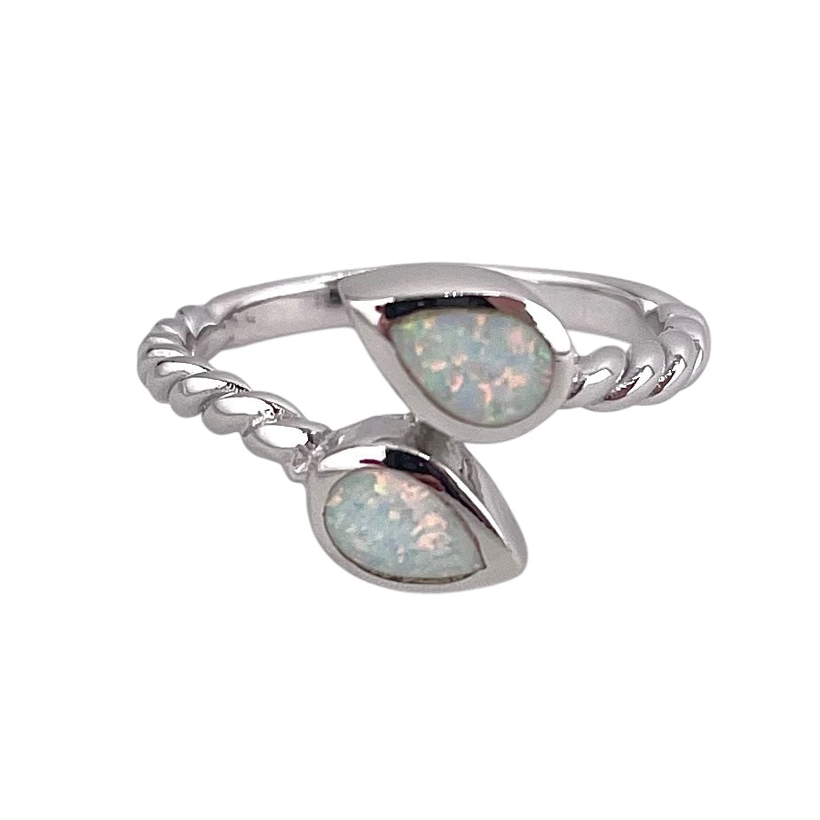 White Lab Opal Double Pear Shape Wrap Ring Sterling Silver