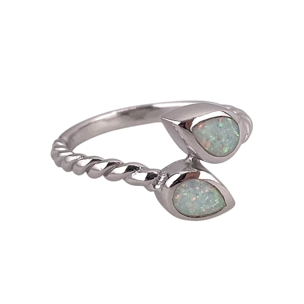 White Lab Opal Double Pear Shape Wrap Ring Sterling Silver