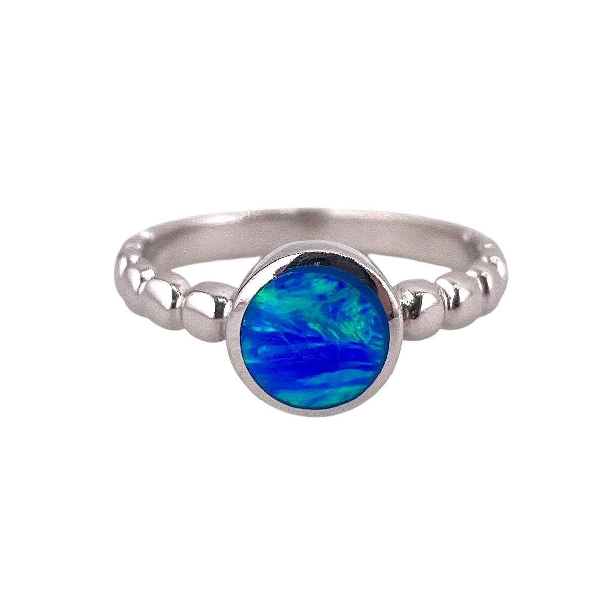 Blue Lab Round Opal Bead Band Ring Sterling Silver