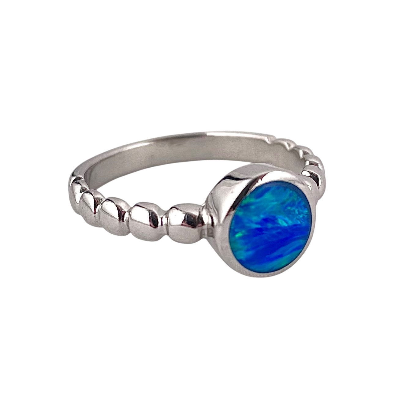 Blue Lab Round Opal Bead Band Ring Sterling Silver