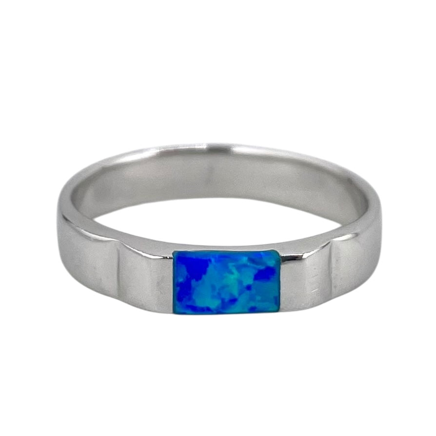 Blue Lab Opal Rectangle Ring Sterling Silver