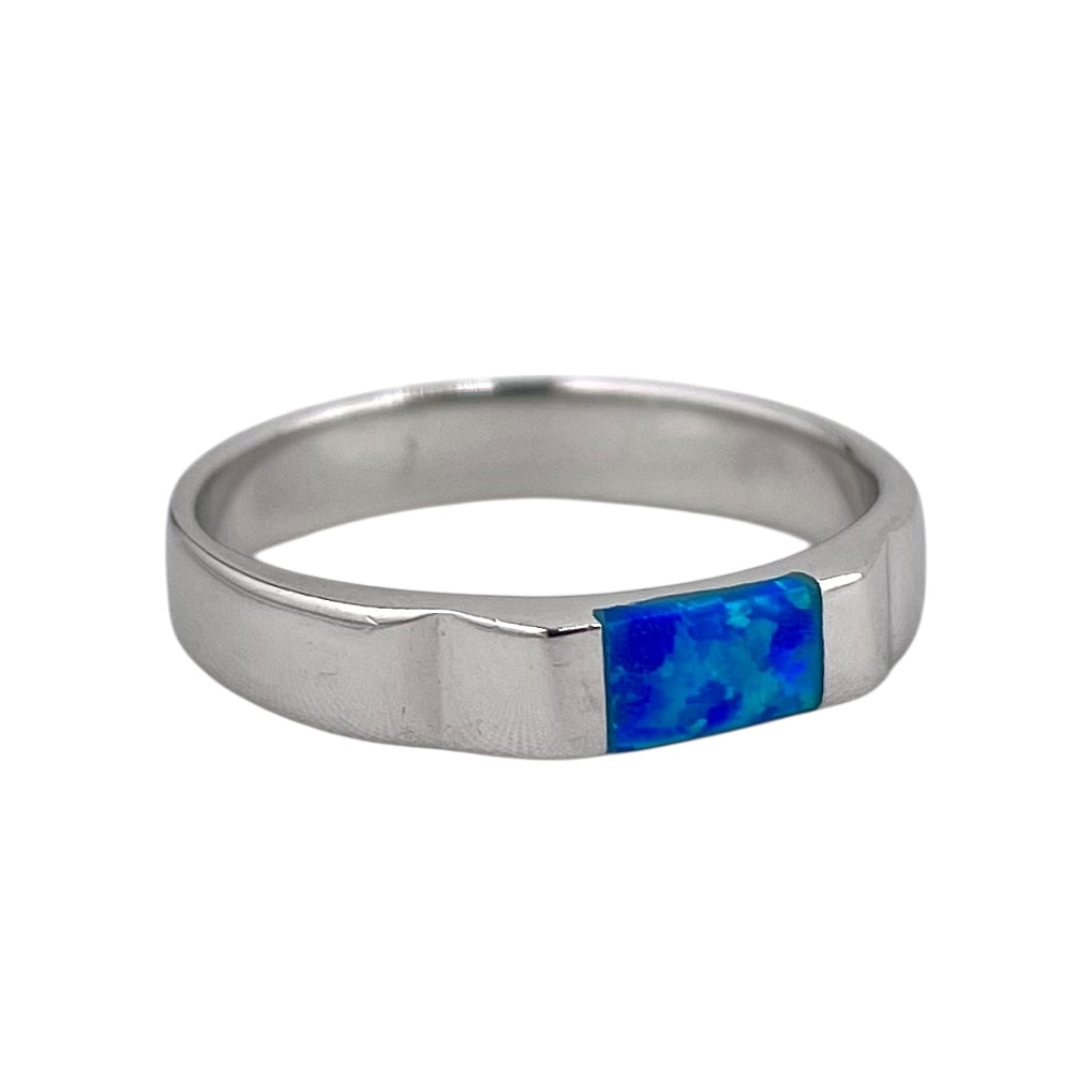 Blue Lab Opal Rectangle Ring Sterling Silver