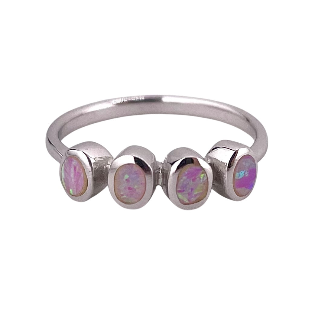 Pink Lab Opal Oval Row Ring Sterling Silver