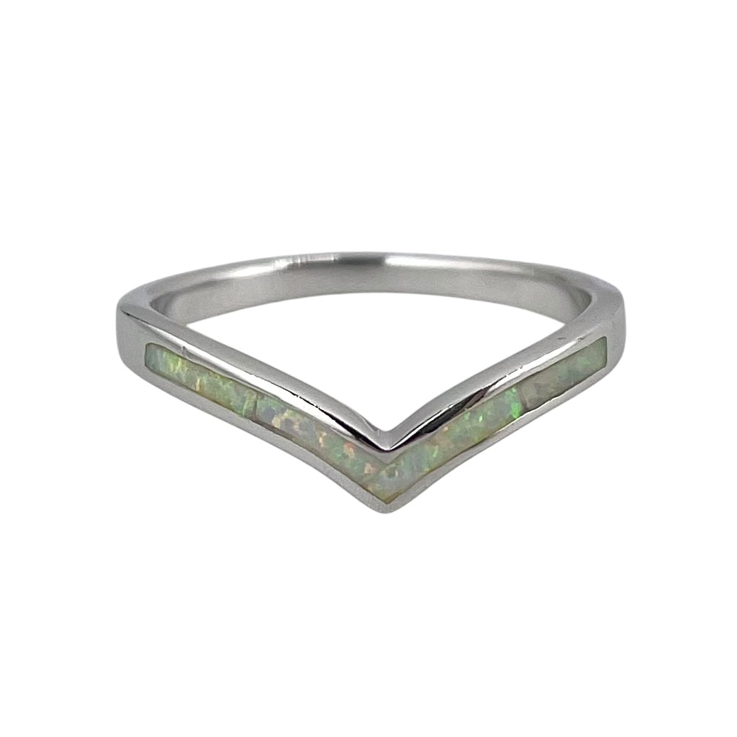 White Lab Opal Chevron Ring Sterling Silver