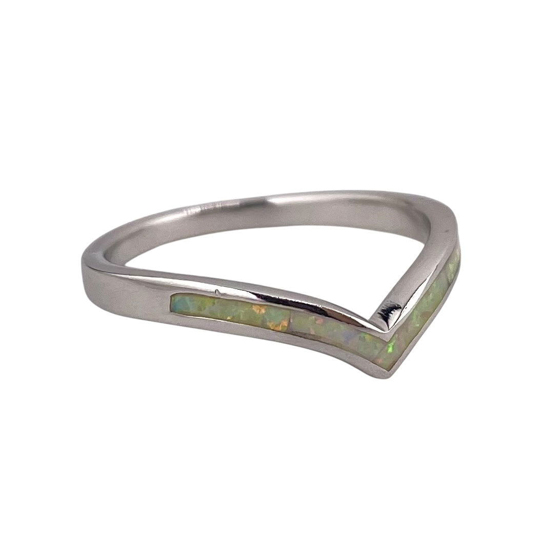 White Lab Opal Chevron Ring Sterling Silver