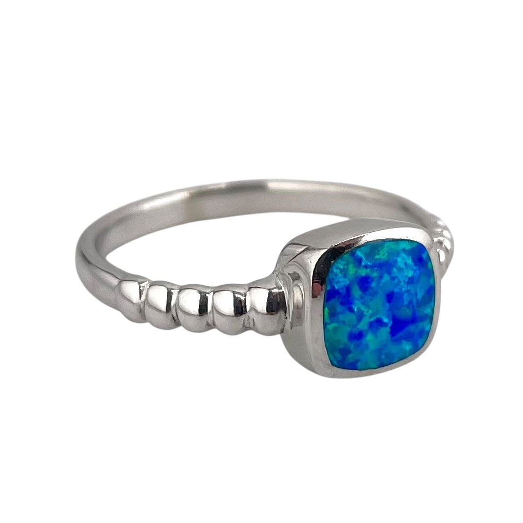 Blue Lab Square Opal Bead Band Ring Sterling Silver
