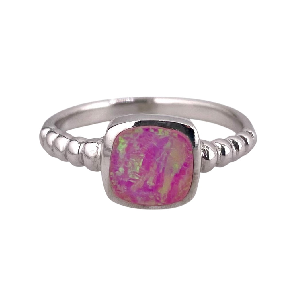 Pink Lab Square Opal Bead Band Ring Sterling Silver