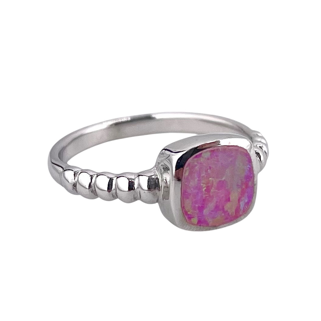 Pink Lab Square Opal Bead Band Ring Sterling Silver