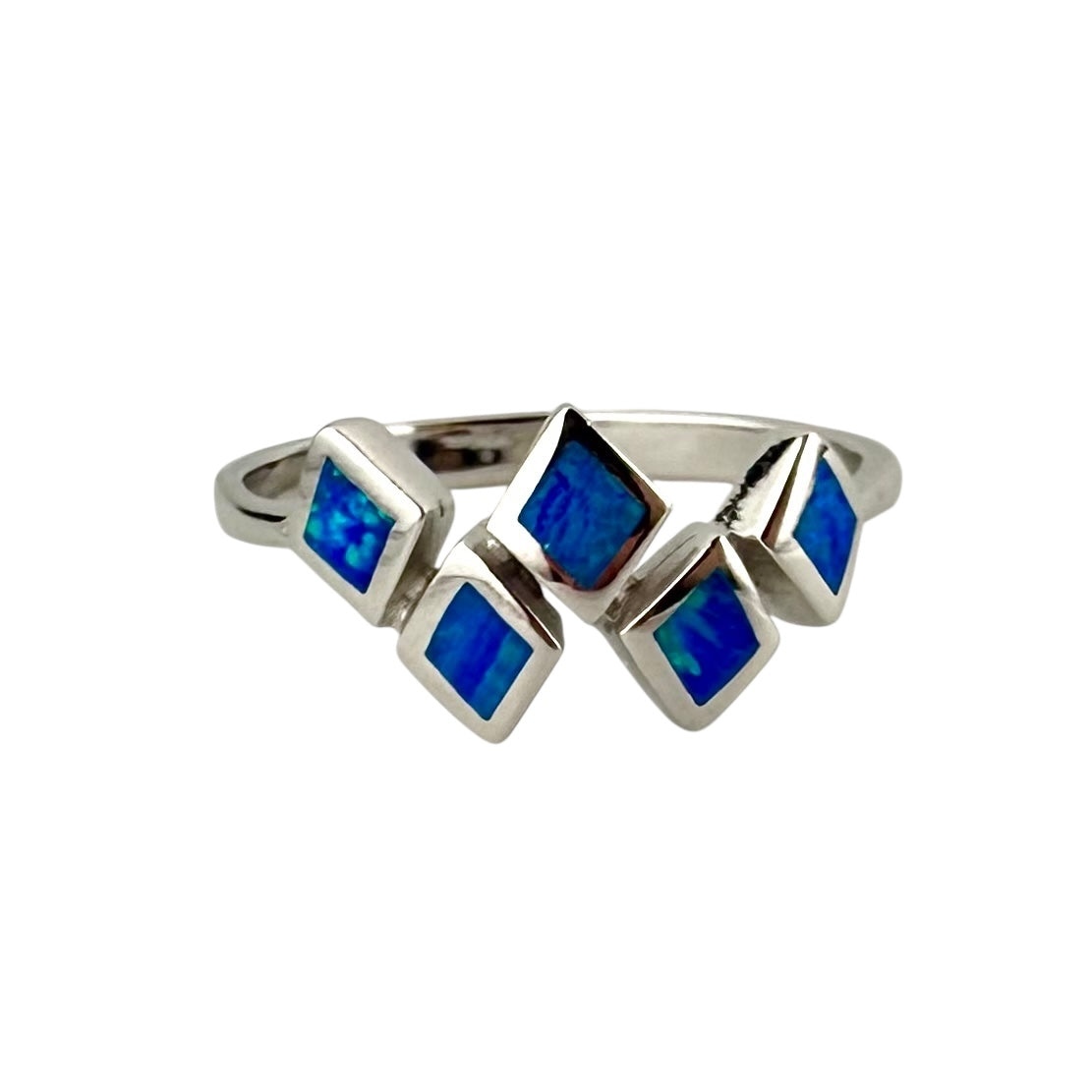 Blue Lab Opal Stacked Diamond Ring Sterling Silver