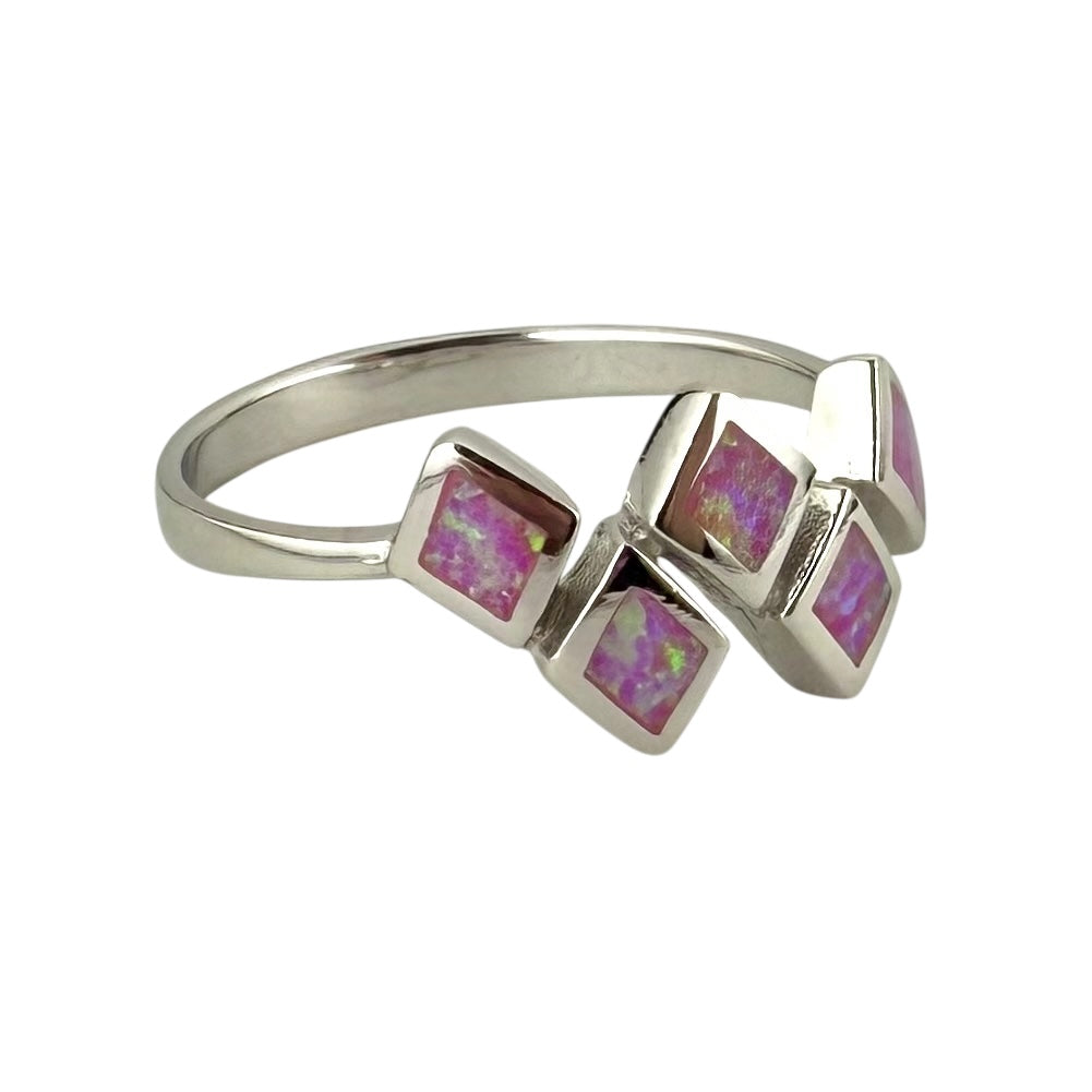 Pink Lab Opal Stacked Diamond Ring Sterling Silver