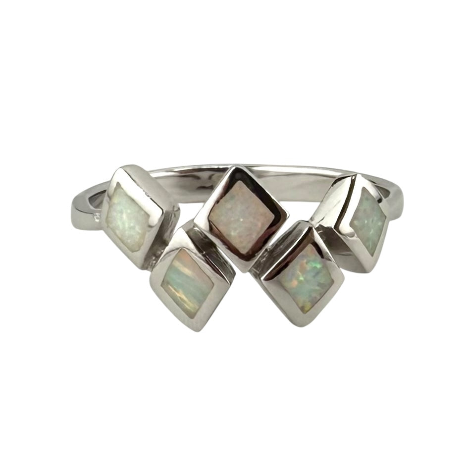 White Lab Opal Stacked Diamond Ring Sterling Silver