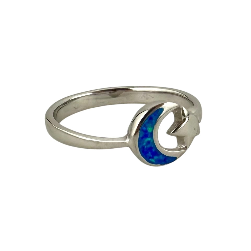 Blue Lab Opal Crescent Moon Star Ring Sterling Silver