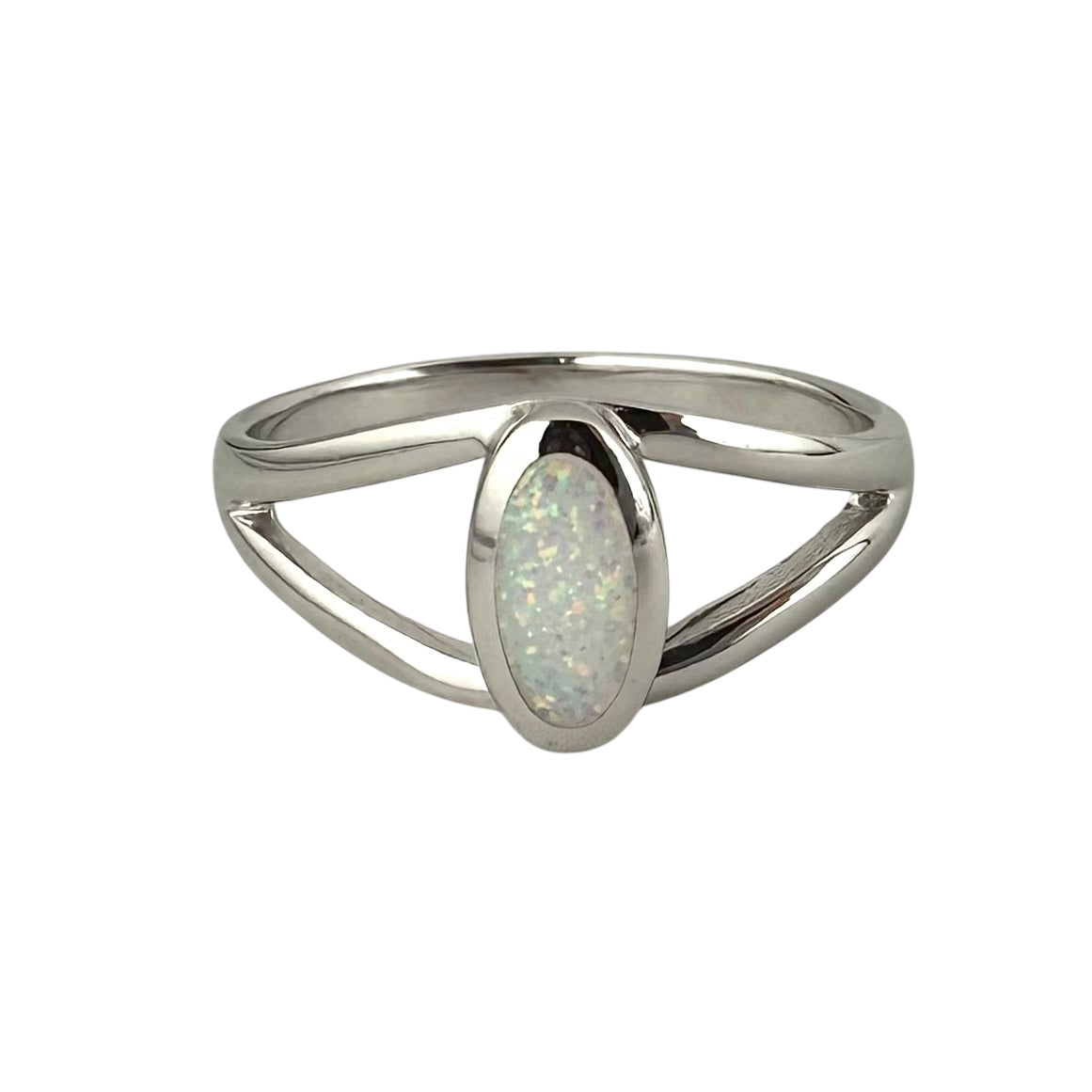 White Lab Opal Oval Ring Sterling Silver