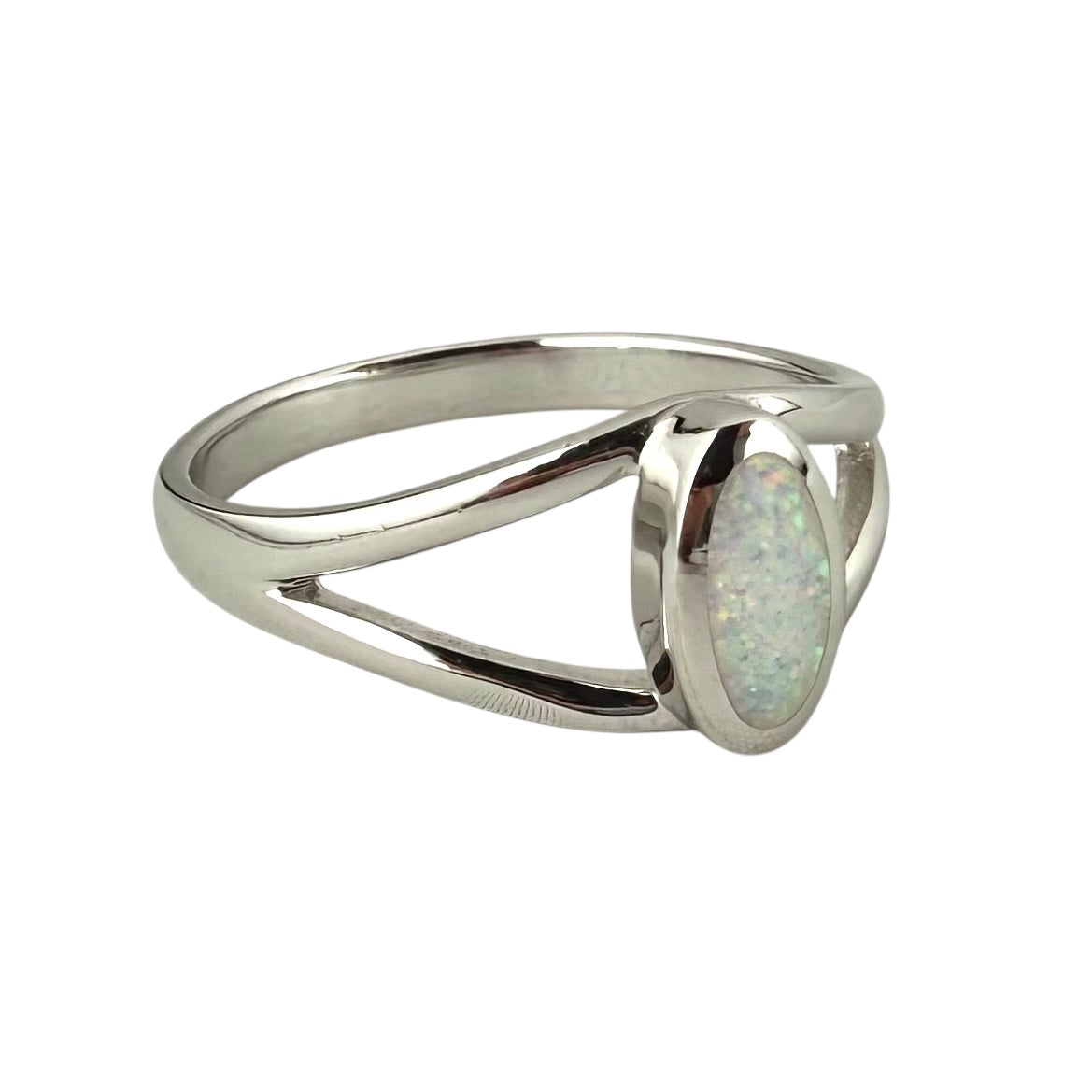 White Lab Opal Oval Ring Sterling Silver