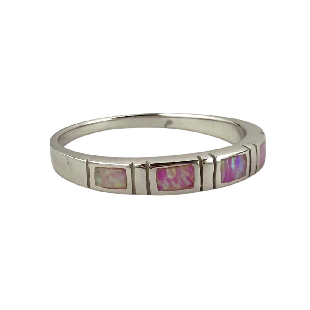 Pink Lab Opal Square Row Ring Sterling Silver