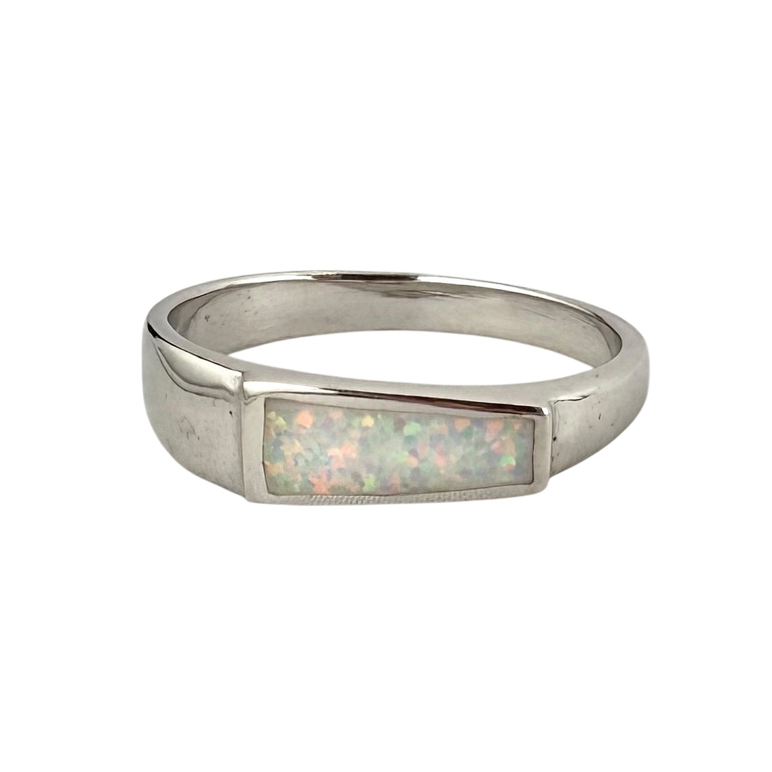 White Lab Opal Slanted Bar Ring Sterling Silver
