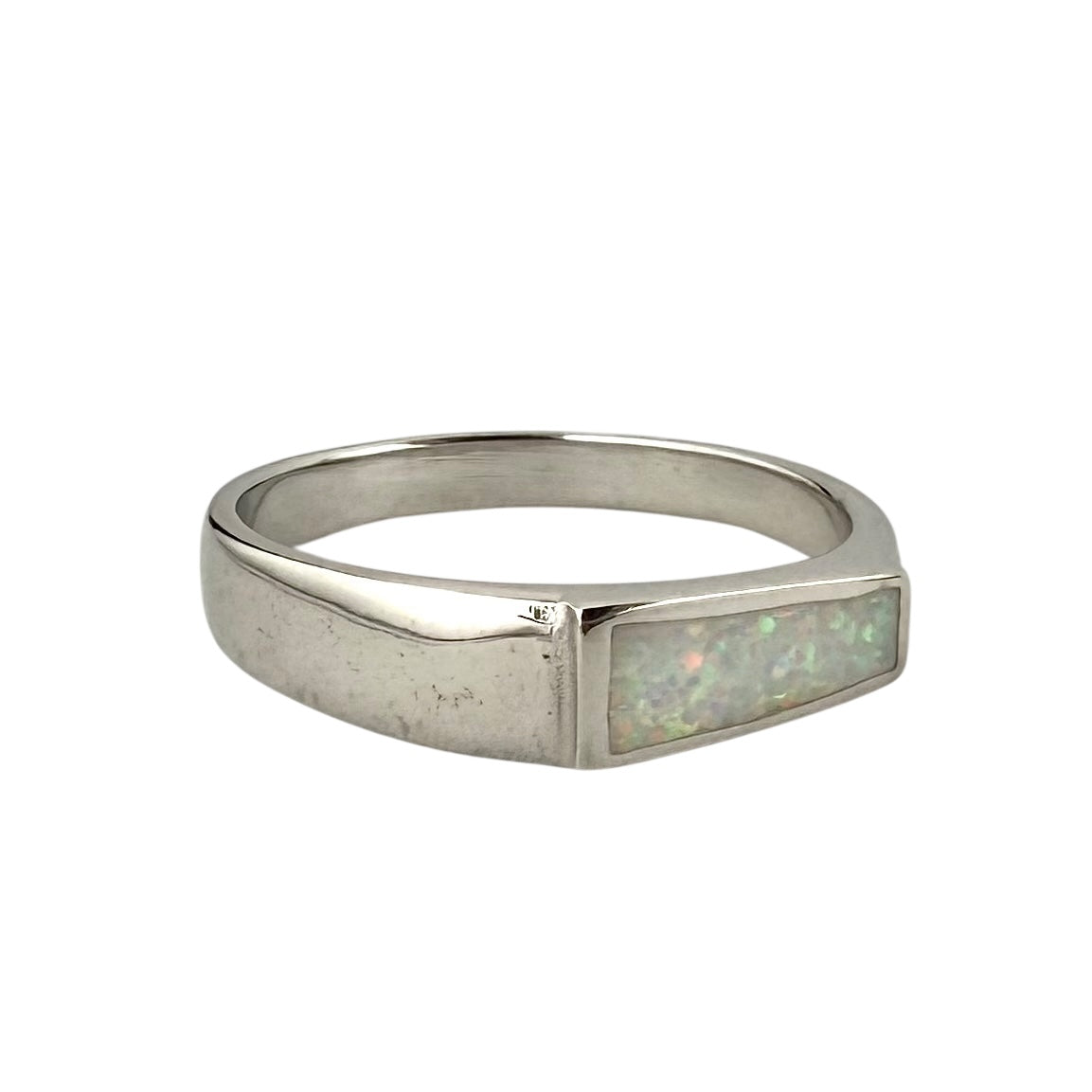 White Lab Opal Slanted Bar Ring Sterling Silver