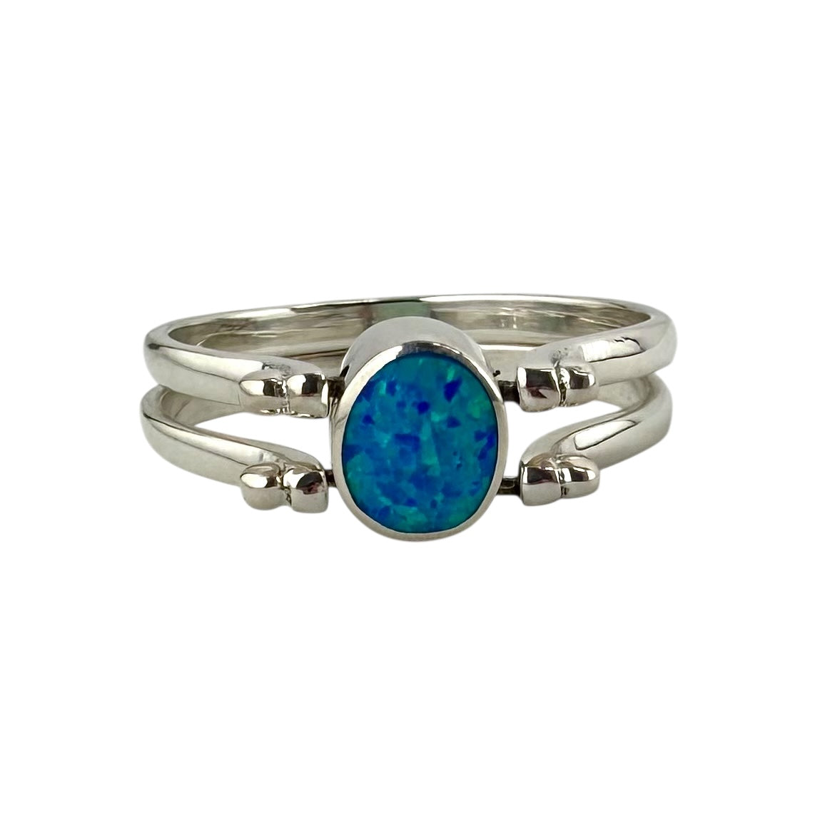 Blue and White Lab Opal Oval Reversible Double Ring Sterling Silver