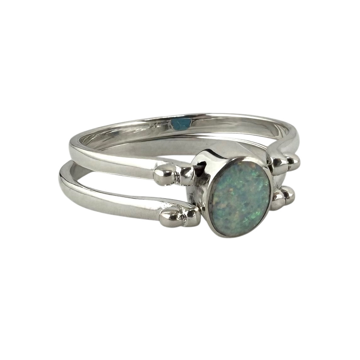 Blue and White Lab Opal Oval Reversible Double Ring Sterling Silver