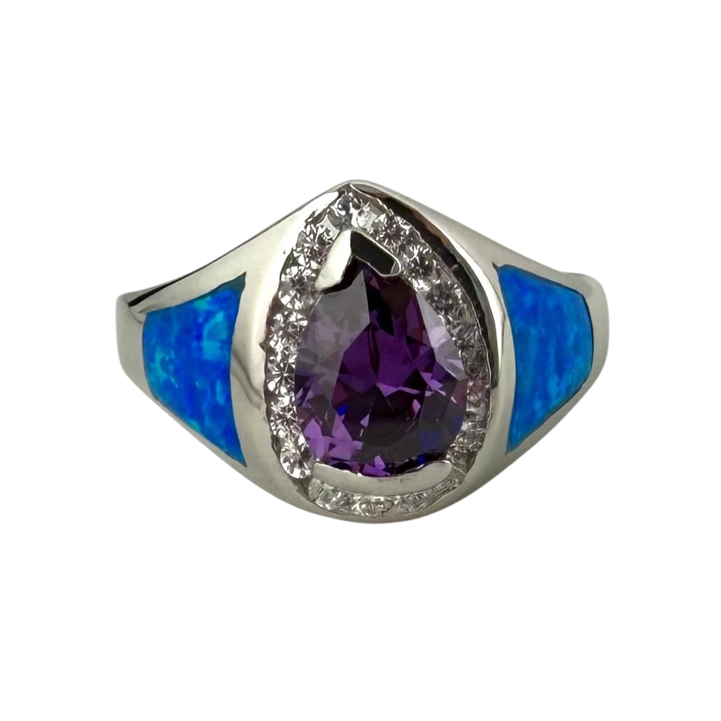 Blue Lab Opal Pear Purple Amethyst & CZ Diamond Ring Sterling Silver
