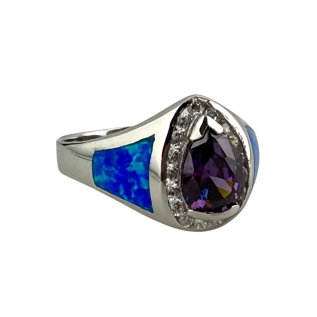 Blue Lab Opal Pear Purple Amethyst & CZ Diamond Ring Sterling Silver