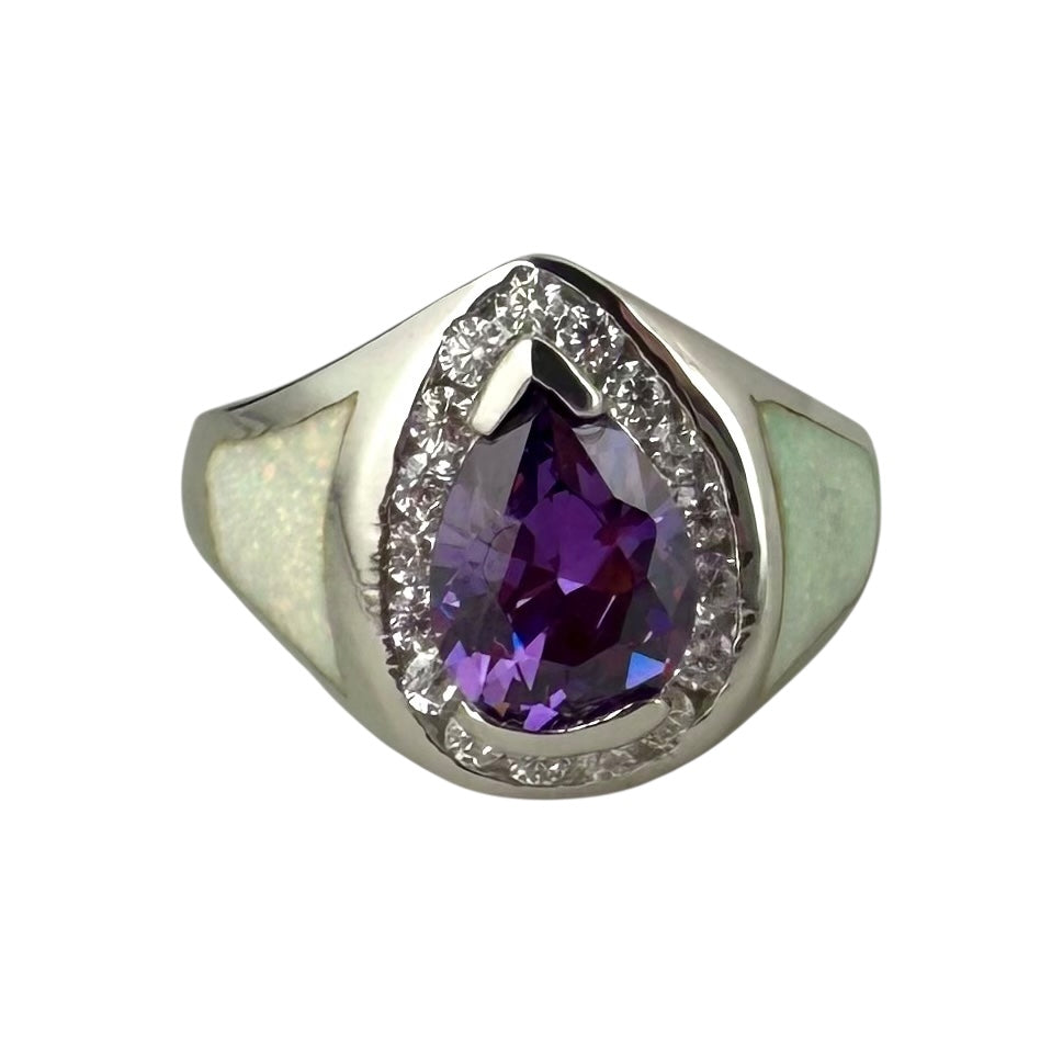 White Lab Opal Pear Purple Amethyst & CZ Diamond Ring Sterling Silver