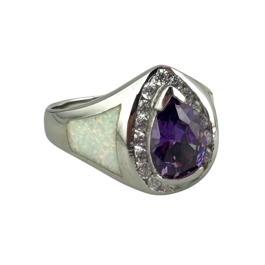 White Lab Opal Pear Purple Amethyst & CZ Diamond Ring Sterling Silver