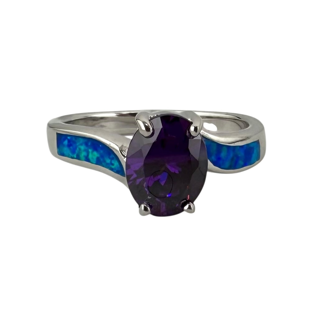 Blue Lab Opal Oval Purple Amethyst Ring Sterling Silver
