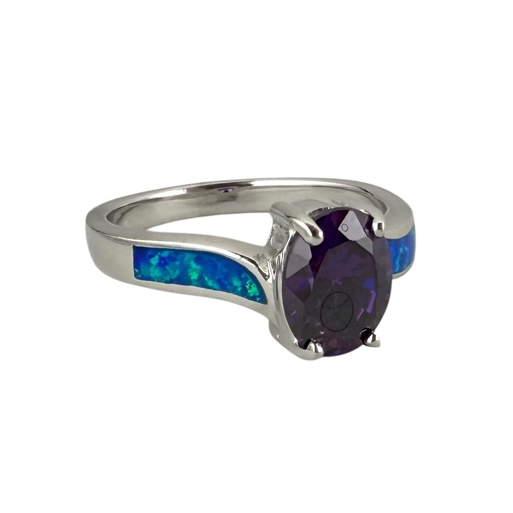 Blue Lab Opal Oval Purple Amethyst Ring Sterling Silver