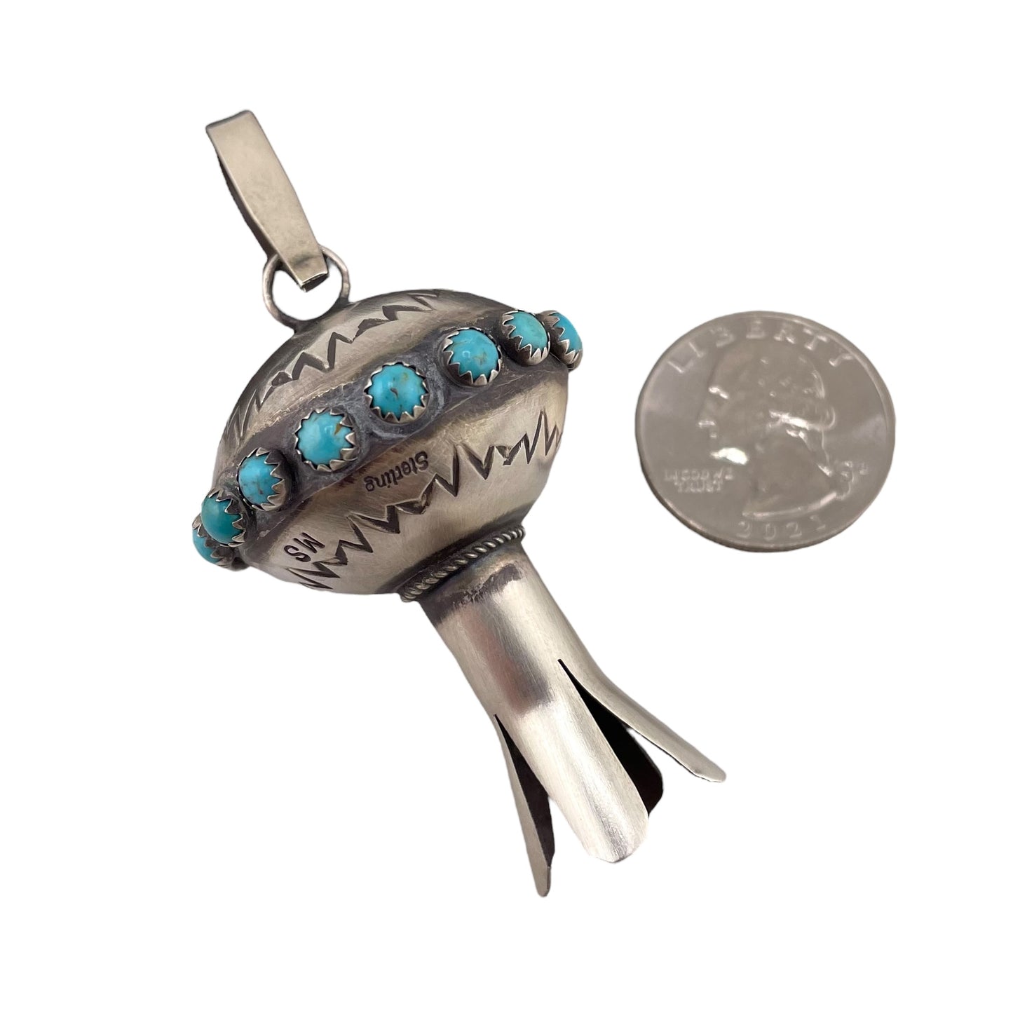 Monica Smith Navajo Turquoise Imprinted Blossom Pendant Sterling Silver