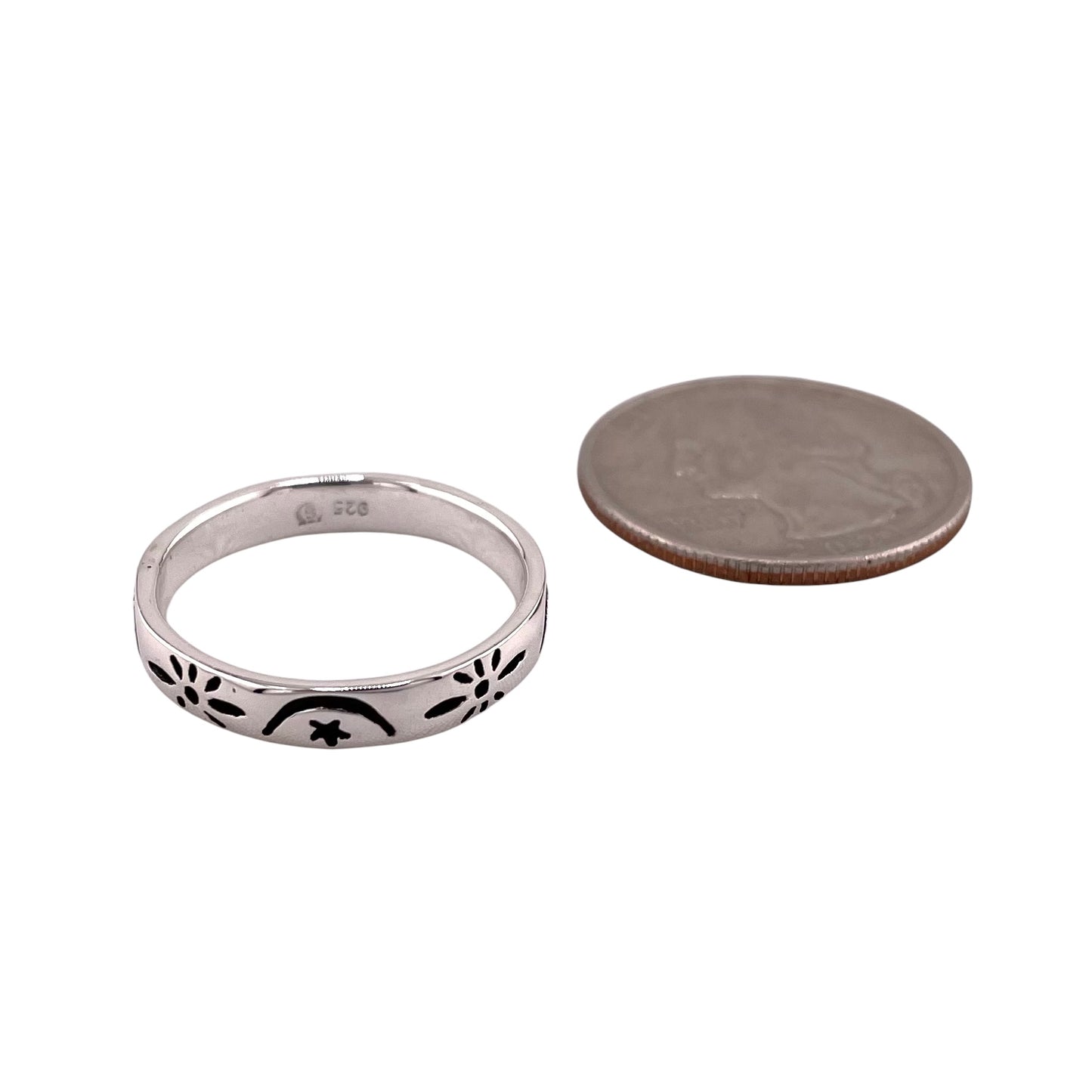 Moon & Star 4mm Band Ring Sterling Silver