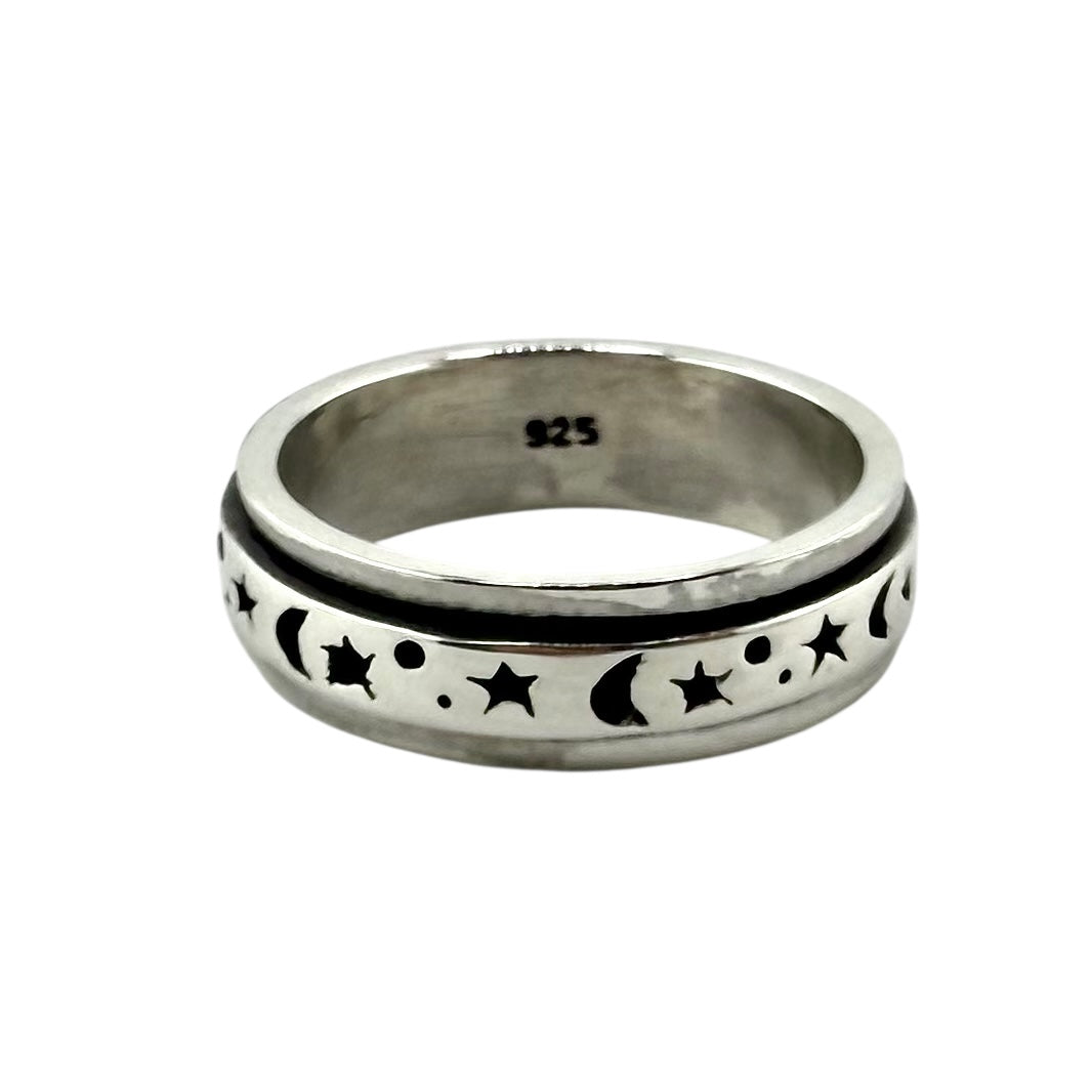 Crescent Moon Star Spinner Ring Sterling Silver