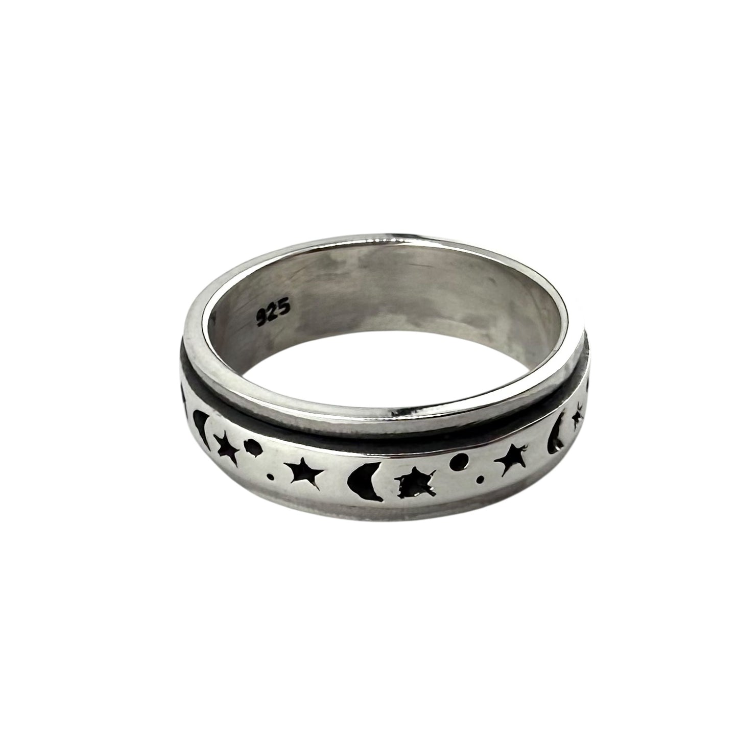 Crescent Moon Star Spinner Ring Sterling Silver